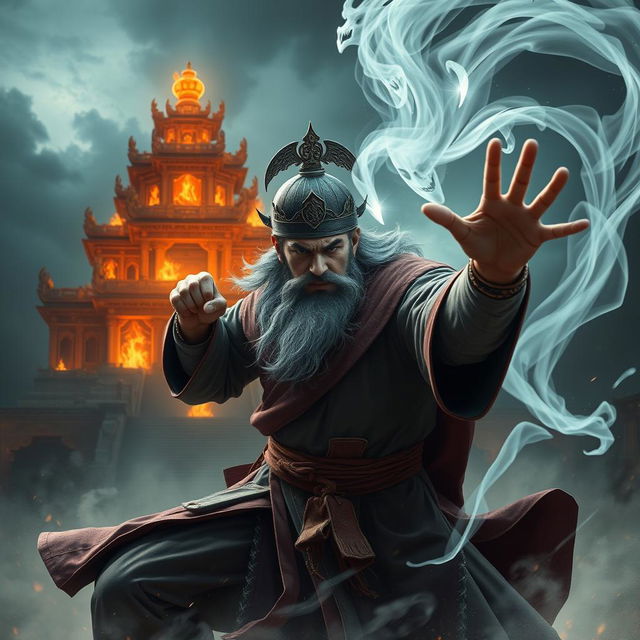 A magnificent Vietnamese wizard adorned with a mystical talisman on his head is engaged in an epic battle with a ghost