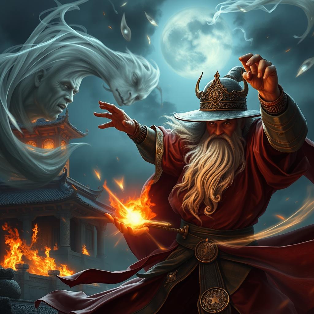 A magnificent Vietnamese wizard adorned with a mystical talisman on his head is engaged in an epic battle with a ghost