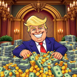 A vibrant and humorous cartoon-style illustration of Donald Trump, standing proudly in a pile of money