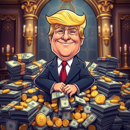 A vibrant and humorous cartoon-style illustration of Donald Trump, standing proudly in a pile of money