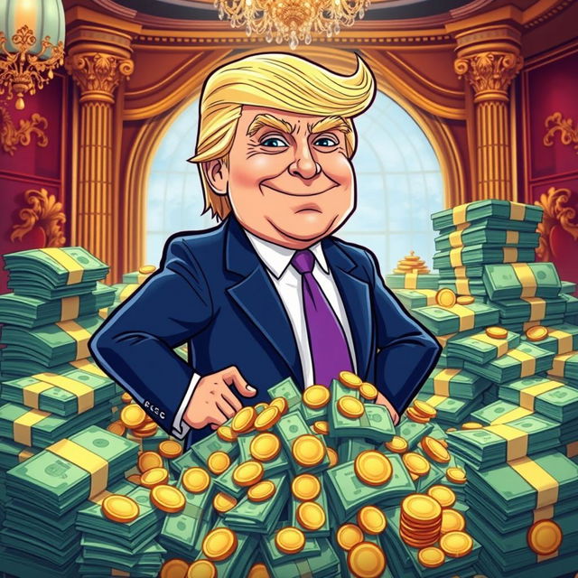 A vibrant and humorous cartoon-style illustration of Donald Trump, standing proudly in a pile of money