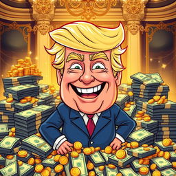 A vibrant and humorous cartoon-style illustration of Donald Trump, standing proudly in a pile of money