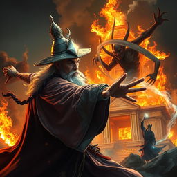 A fierce and majestic Vietnamese wizard adorned with a shining talisman on his head is engaged in a dramatic battle with a ghost