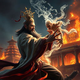 A fierce and majestic Vietnamese wizard adorned with a shining talisman on his head is engaged in a dramatic battle with a ghost