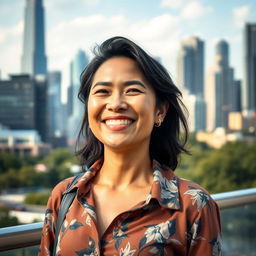 A woman aged 30 and over, with a diverse ethnic background, smiling radiantly against a cityscape backdrop