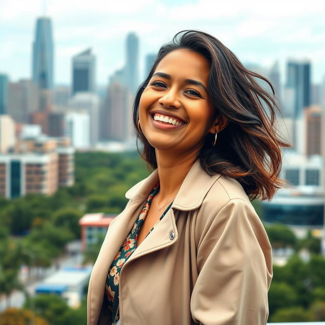 A woman aged 30 and over, with a diverse ethnic background, smiling radiantly against a cityscape backdrop