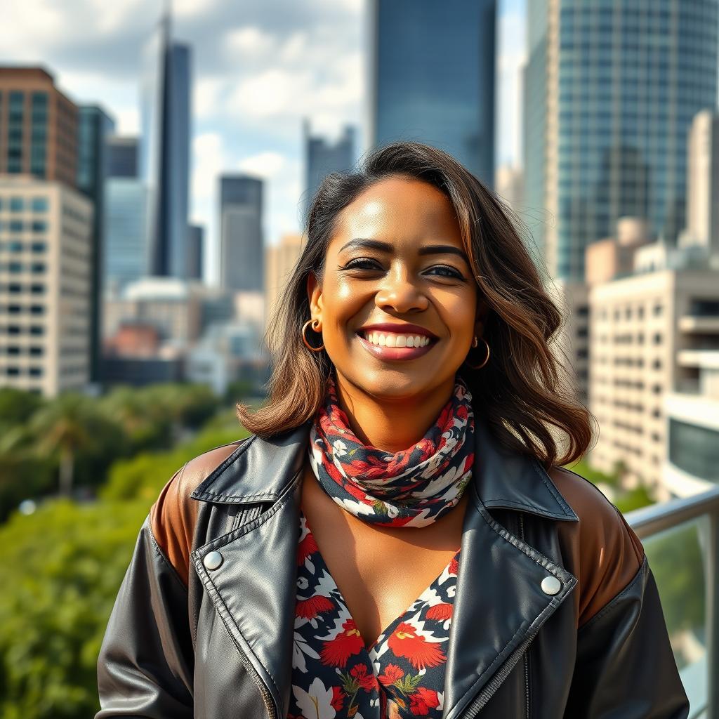 A woman aged 30 and over, with a diverse ethnic background, smiling radiantly against a cityscape backdrop