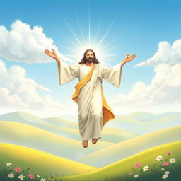 A serene and uplifting illustration depicting Jesus Christ descending from the heavens to Earth, surrounded by a radiant light