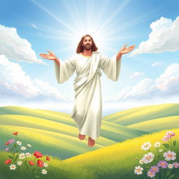 A serene and uplifting illustration depicting Jesus Christ descending from the heavens to Earth, surrounded by a radiant light