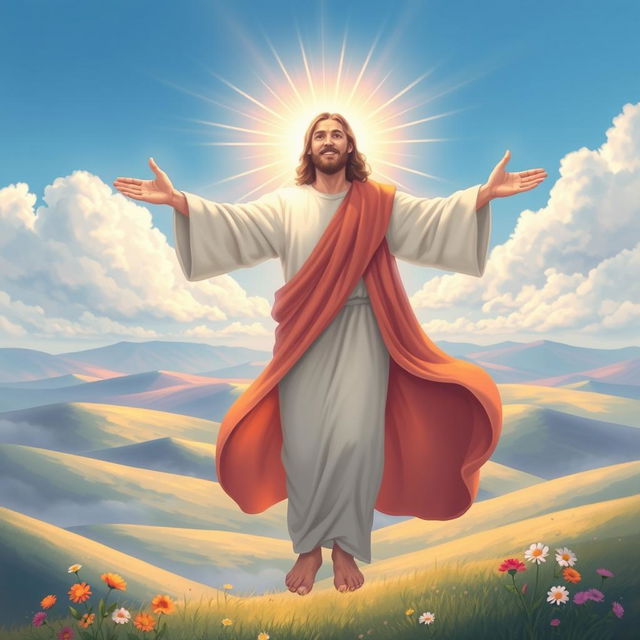 A serene and uplifting illustration depicting Jesus Christ descending from the heavens to Earth, surrounded by a radiant light