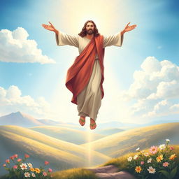 A serene and uplifting illustration depicting Jesus Christ descending from the heavens to Earth, surrounded by a radiant light