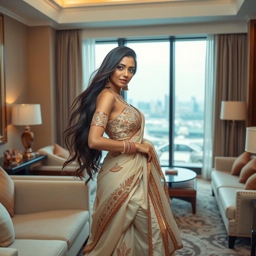 A stunning Indian model posing elegantly in a luxurious hotel room, showcasing a blend of traditional and modern fashion