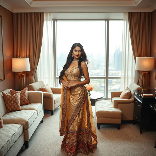 A stunning Indian model posing elegantly in a luxurious hotel room, showcasing a blend of traditional and modern fashion