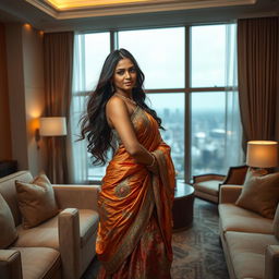 A stunning Indian model posing elegantly in a luxurious hotel room, showcasing a blend of traditional and modern fashion