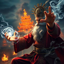 An epic scene featuring a great Vietnamese wizard wearing a radiant talisman on his head, energetically battling a ghost