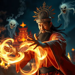 An epic scene featuring a great Vietnamese wizard wearing a radiant talisman on his head, energetically battling a ghost