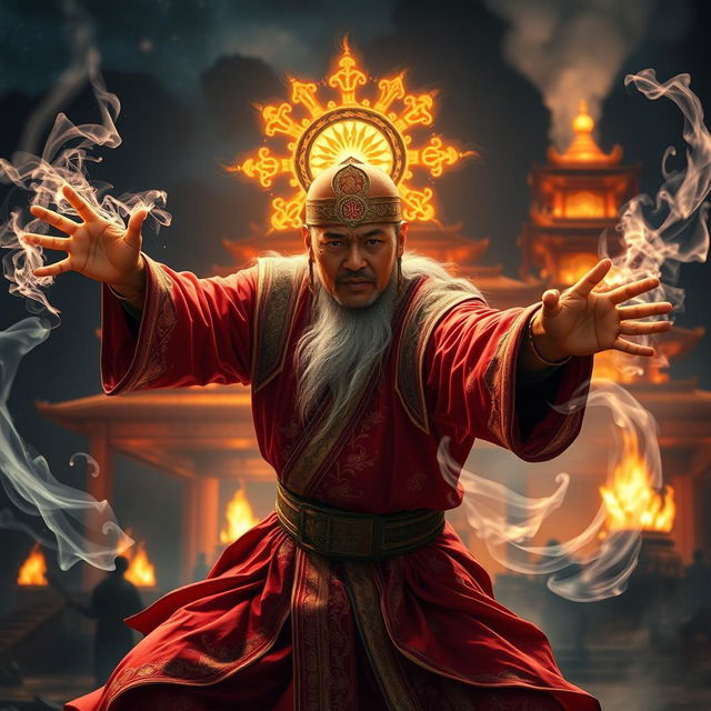 An epic scene featuring a great Vietnamese wizard wearing a radiant talisman on his head, energetically battling a ghost