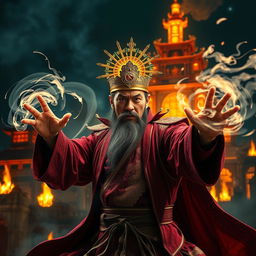 An epic scene featuring a great Vietnamese wizard wearing a radiant talisman on his head, energetically battling a ghost
