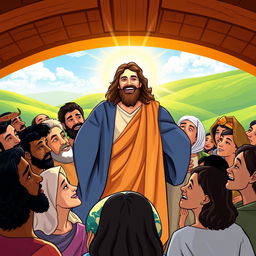 A visually striking and meaningful scene depicting Jesus Christ arriving on Earth, surrounded by a diverse group of people from various backgrounds, expressions of awe and joy on their faces