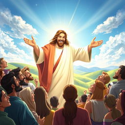 A visually striking and meaningful scene depicting Jesus Christ arriving on Earth, surrounded by a diverse group of people from various backgrounds, expressions of awe and joy on their faces