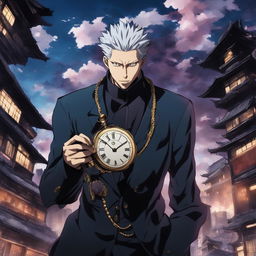 Jacob Rothschild portrayed as a villain in Jujutsu Kaisen style, with sharp features, glowing eyes, and a suit adorned with patterns of cursed energy