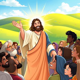 A visually striking and meaningful scene depicting Jesus Christ arriving on Earth, surrounded by a diverse group of people from various backgrounds, expressions of awe and joy on their faces
