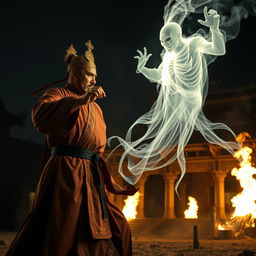 A powerful Vietnamese Taoist priest wearing a traditional robe and a glowing talisman on his head is fiercely battling a ghost