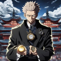 Jacob Rothschild portrayed as a villain in Jujutsu Kaisen style, with sharp features, glowing eyes, and a suit adorned with patterns of cursed energy