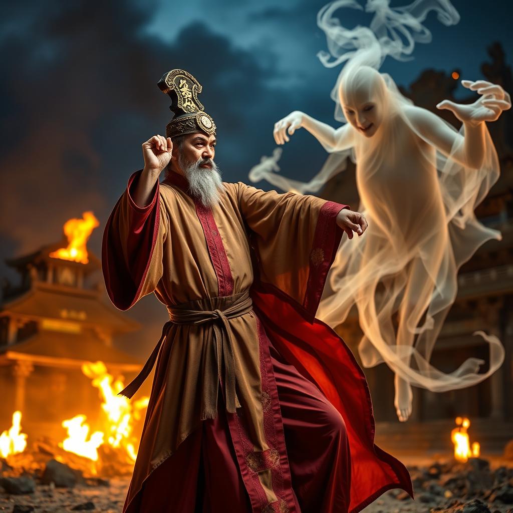 A powerful Vietnamese Taoist priest wearing a traditional robe and a glowing talisman on his head is fiercely battling a ghost