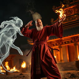 A powerful Vietnamese Taoist priest wearing a traditional robe and a glowing talisman on his head is fiercely battling a ghost