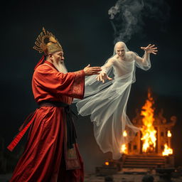 A powerful Vietnamese Taoist priest wearing a traditional robe and a glowing talisman on his head is fiercely battling a ghost