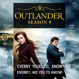 A dynamic promotional poster for 'OUTLANDER Season 8', featuring a bold and engaging design that includes images of iconic characters Claire Fraser and Jamie Fraser