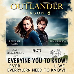 A dynamic promotional poster for 'OUTLANDER Season 8', featuring a bold and engaging design that includes images of iconic characters Claire Fraser and Jamie Fraser