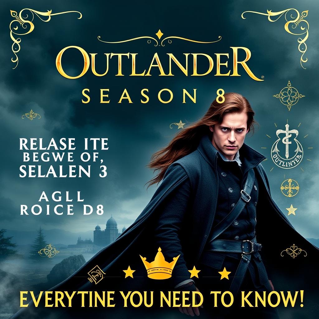 A dynamic promotional poster for 'OUTLANDER Season 8', featuring a bold and engaging design that includes images of iconic characters Claire Fraser and Jamie Fraser