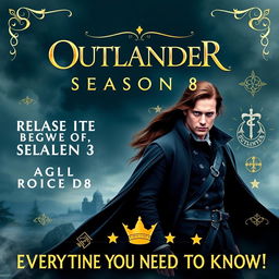 A dynamic promotional poster for 'OUTLANDER Season 8', featuring a bold and engaging design that includes images of iconic characters Claire Fraser and Jamie Fraser