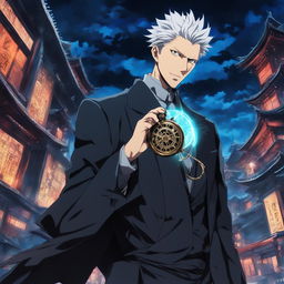 Jacob Rothschild portrayed as a villain in Jujutsu Kaisen style, with sharp features, glowing eyes, and a suit adorned with patterns of cursed energy