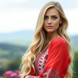 A full-length portrait of a 34-year-old Ukrainian woman, a stunning blonde with striking blue eyes
