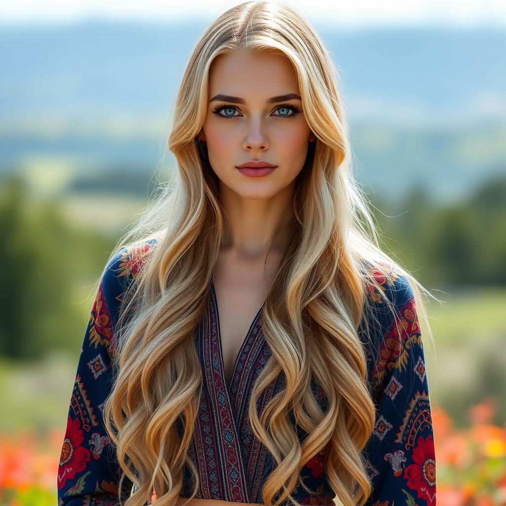 A full-length portrait of a 34-year-old Ukrainian woman, a stunning blonde with striking blue eyes
