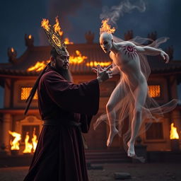 A Vietnamese Taoist priest, adorned with a luminous talisman on his head, stands firm as he battles a ghost in an intense showdown