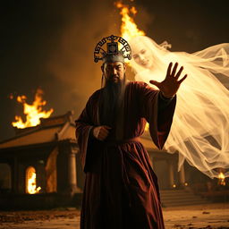 A Vietnamese Taoist priest, adorned with a luminous talisman on his head, stands firm as he battles a ghost in an intense showdown