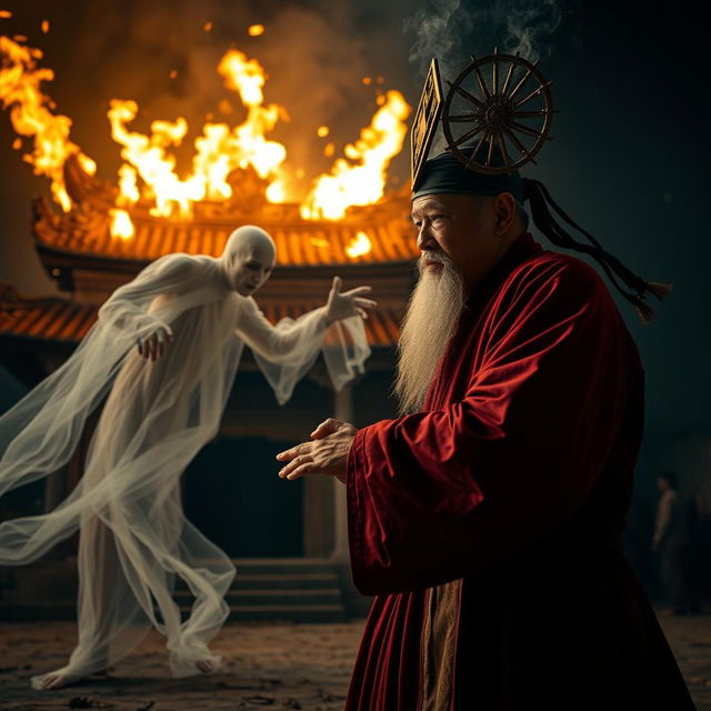 A Vietnamese Taoist priest, adorned with a luminous talisman on his head, stands firm as he battles a ghost in an intense showdown