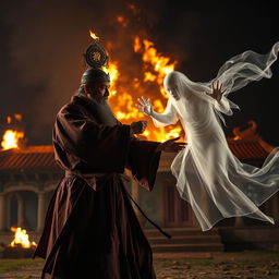 A Vietnamese Taoist priest, adorned with a luminous talisman on his head, stands firm as he battles a ghost in an intense showdown