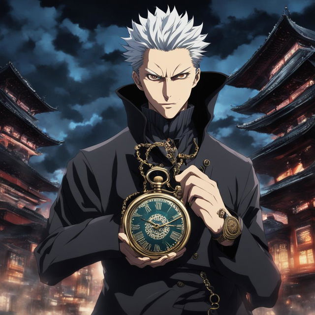 Jacob Rothschild portrayed as a villain in Jujutsu Kaisen style, with sharp features, glowing eyes, and a suit adorned with patterns of cursed energy