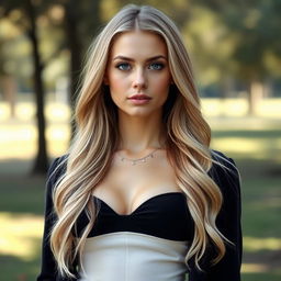 A 34-year-old Ukrainian woman with long blonde hair and blue eyes, standing full-body
