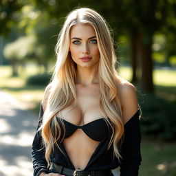 A 34-year-old Ukrainian woman with long blonde hair and blue eyes, standing full-body