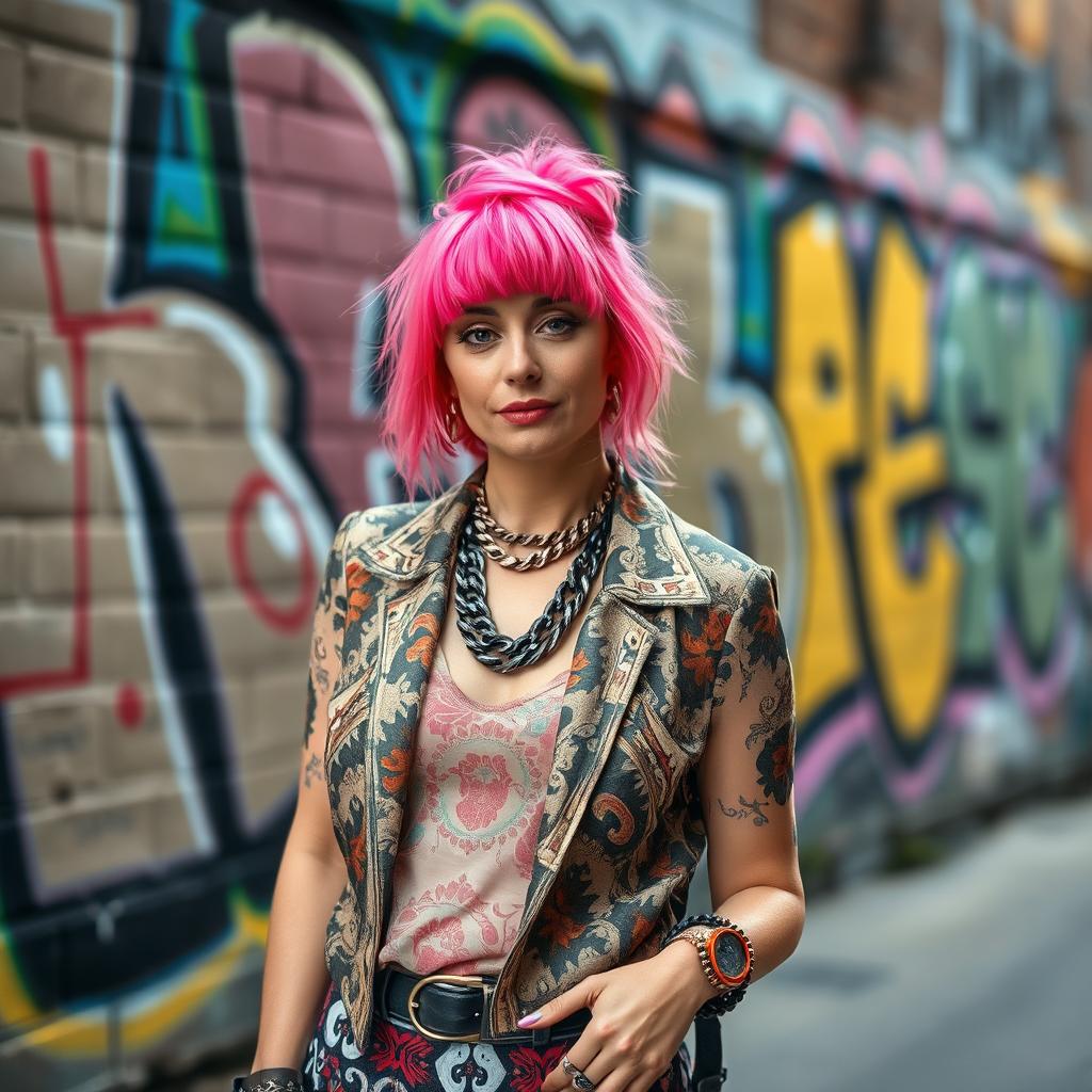 A woman aged 30 and over with vibrant, brightly colored hair and a unique fashion style, posing confidently on the street in front of a wall adorned with striking graffiti