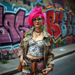 A woman aged 30 and over with vibrant, brightly colored hair and a unique fashion style, posing confidently on the street in front of a wall adorned with striking graffiti