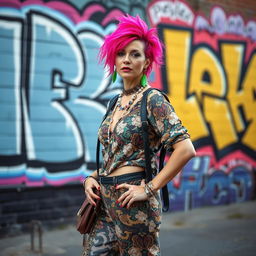 A woman aged 30 and over with vibrant, brightly colored hair and a unique fashion style, posing confidently on the street in front of a wall adorned with striking graffiti