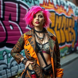 A woman aged 30 and over with vibrant, brightly colored hair and a unique fashion style, posing confidently on the street in front of a wall adorned with striking graffiti