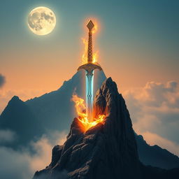 A legendary scene featuring the divine Sword of Heaven, the great Vietnamese sword, magnificently plunged into a rugged mountain peak
